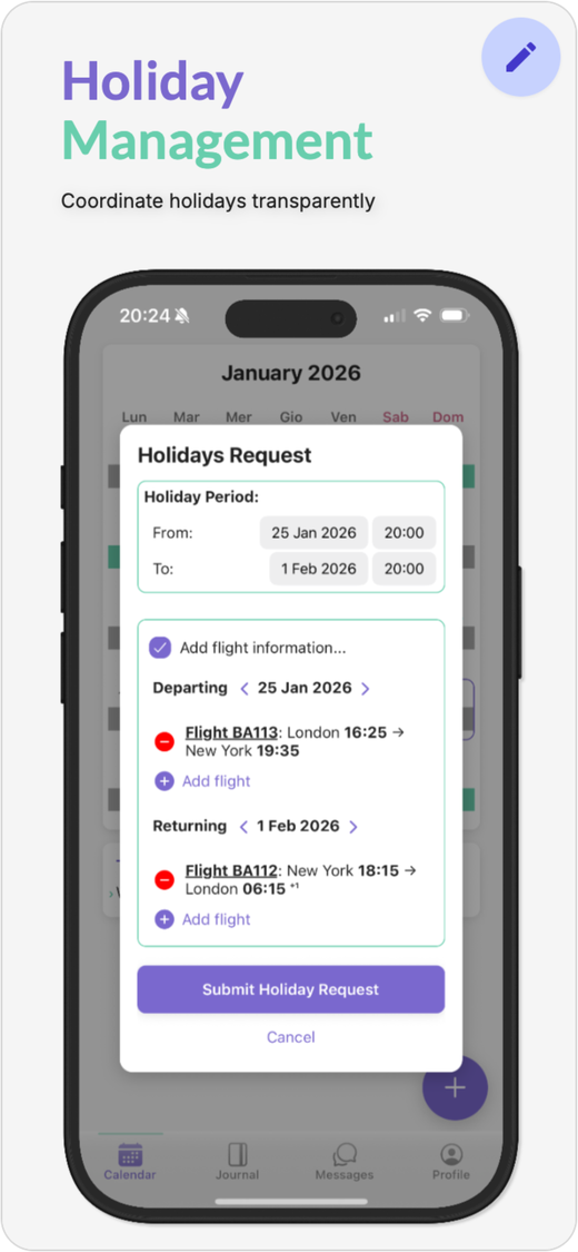 CoPals holiday request screen: Holiday Management — coordinate holidays transparently