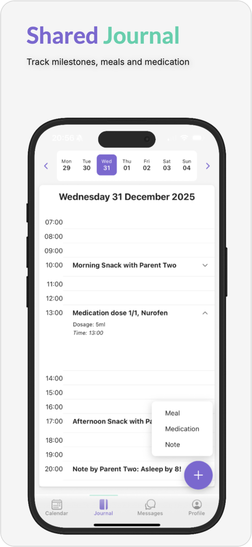 CoPals journal screen: Shared Journal — track milestones, meals and medication